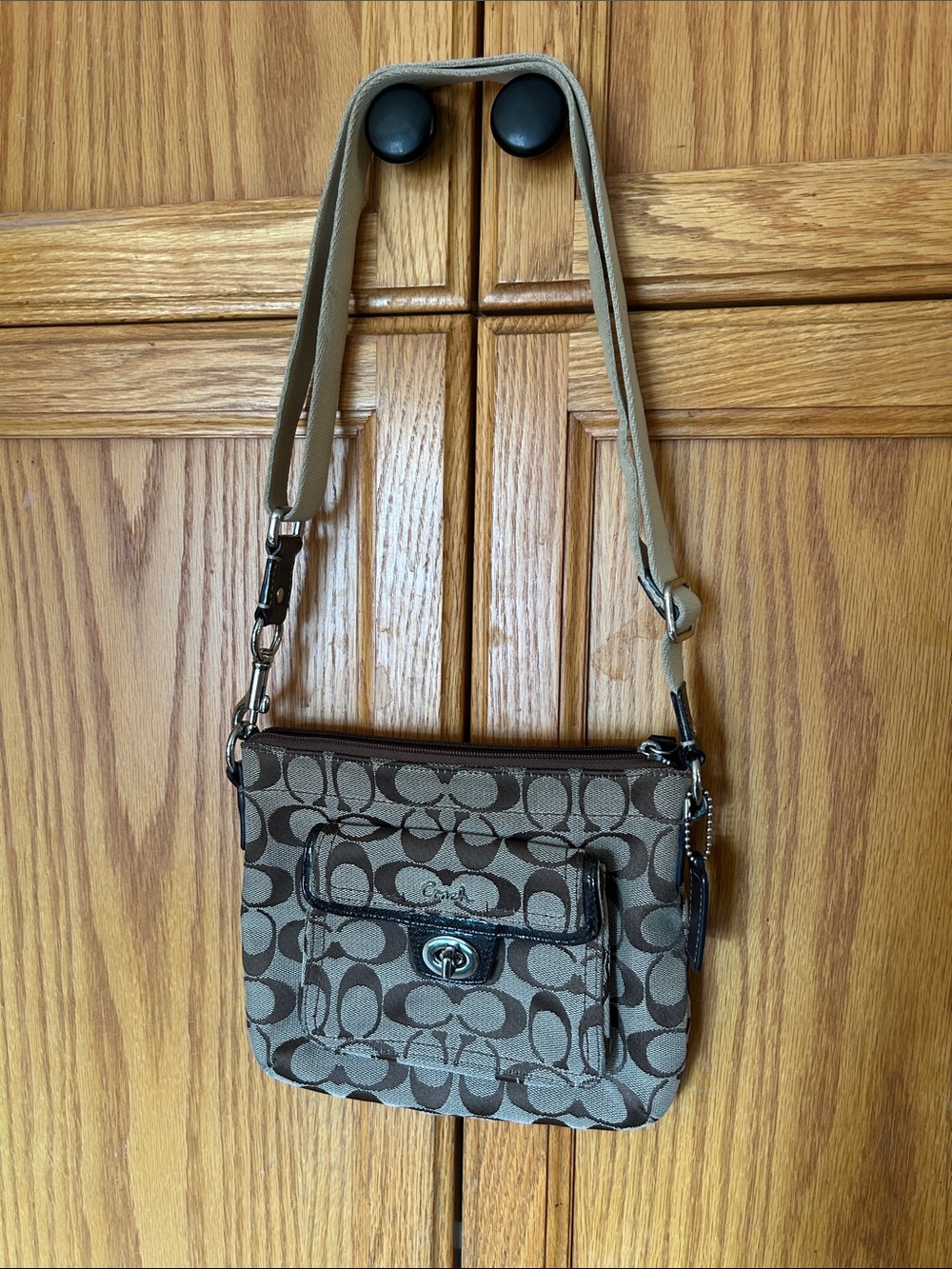 Vintage Coach Brown Signature Jacquard Turnlock Pocket Crossbody Bag